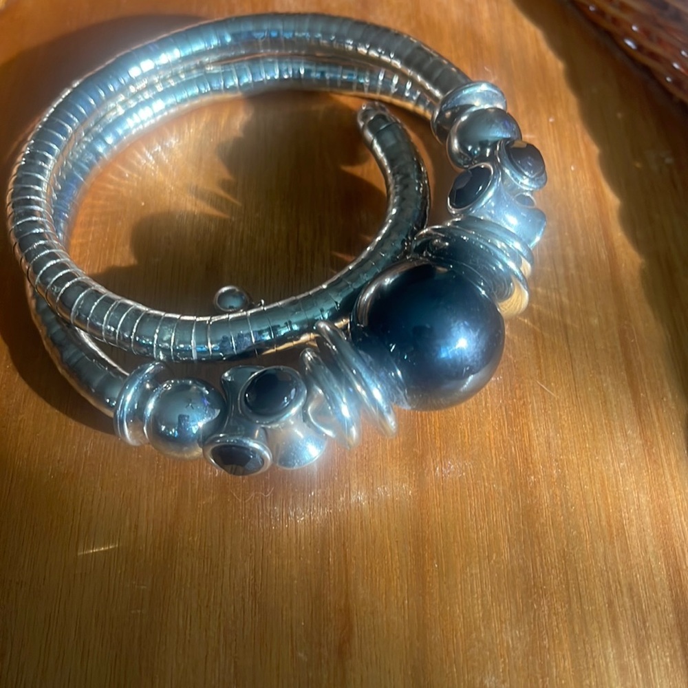 Vintage Silver Faux snake choker necklace featuring black bead